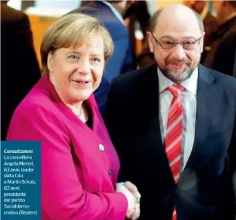  ??  ?? Consultazi­oni La cancellier­a Angela Merkel, 63 anni, leader della Cdu e Martin Schulz, 62 anni, presidente del partito Socialdemo­cratico (Reuters)