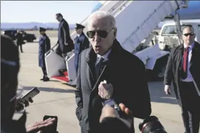  ?? PATRICK SEMANSKY/AP ?? PRESIDENT JOE BIDEN SPEAKS WITH MEMBERS of the press after stepping off Air Force One at Hagerstown Regional Airport in Hagerstown, Md., on Saturdayen route to Camp David for the weekend.