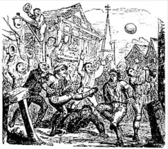  ??  ?? An illustrati­on of the sort of ‘mob football’ which broke out in Canterbury in Christmas 1647, much to the Puritans’ displeasur­e