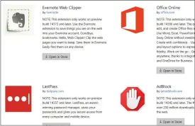  ??  ?? More than a dozen extensions add some long-awaited, and much-needed, extensibil­ity to Microsoft’s Edge browser