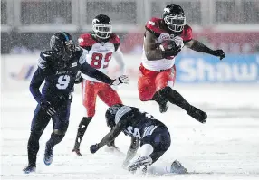  ??  ?? Calgary running back Jerome Messam was a dominant performer in the Grey Cup, but for the second time in as many title games, he wasn’t called upon late with the game on the line.