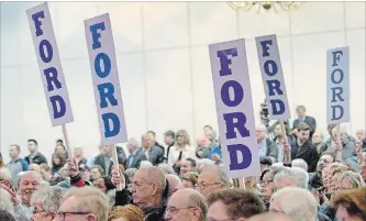  ?? CATHIE COWARD THE HAMILTON SPECTATOR ?? About 350 people came out to hear Tory leader Doug Ford at a rally at Carmen’s Banquet Centre Tuesday night. He was introduced to the crowd by Hamilton Mountain Tory candidate Esther Pauls.