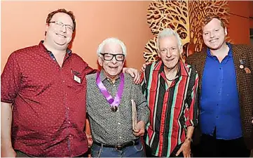  ?? Pic: Bath Comedy ?? Barry Cryer, second from left, receiving the annual Bath Comedy Festival Golden Bath Plug Award for services to comedy with, from left, festival director Nick Steel, comedy rock star Ronnie Golden and comedy historian Jem Roberts