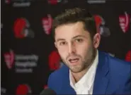  ?? PHIL LONG — ASSOCIATED PRESS ?? Baker Mayfield answers a question during a news conference at Browns headquarte­rs in Berea April 27.
