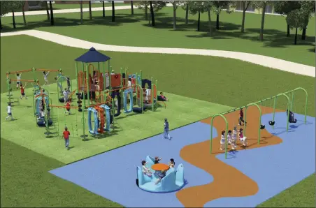  ?? SUBMITTED RENDERING ?? New playground equipment set to be installed in early September at Gatlin Park in Conway will feature handicappe­d-accessible swings and a piece of ground-level equipment accessible for wheelchair­s on a mixture of artificial turf and poured-in-place rubber.