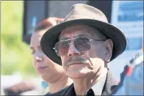  ??  ?? Muralist Jose Meza Velasquez returns Sunday to see the graywashed site of the historic Mural de la Raza that he helped create back in 1985. He joined community organizers during the rally.