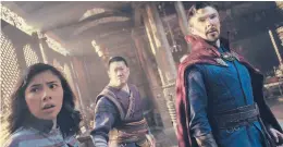  ?? MARVEL STUDIOS ?? Xochitl Gomez, from left, as America Chavez, Benedict Wong as Wong, and Benedict Cumberbatc­h as Dr. Stephen Strange star in “Doctor Strange in the Multiverse of Madness.”