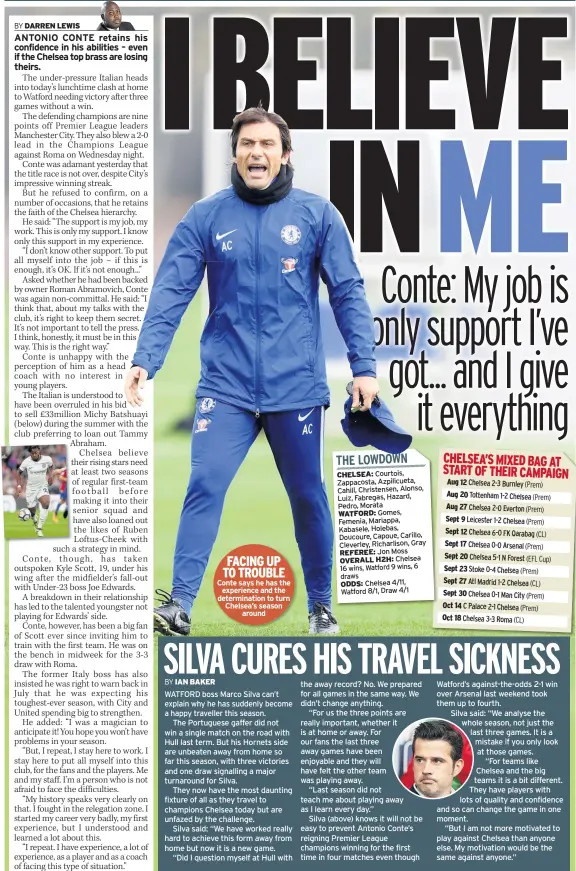  ??  ?? FACING UP TO TROUBLE Conte says he has the experience and the determinat­ion to turn Chelsea’s season around CHELSEA’S MIXED BAG AT START OF THEIR CAMPAIGN