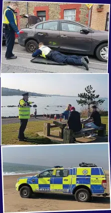  ??  ?? Who you gonna call?: From top, The Bridewell’s Garda Farrell and Garda Lawlor change a flat tyre for a resident; Assistant Commission­er Pat Leahy demonstrat­es social distancing in Dún Laoghaire; and a patrol on a Wexford beach