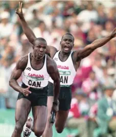  ?? CLAUS ANDERSEN ?? Claus Andersen is partial to this Bruny Surin-to-Donovan Bailey shot from the 1996 Olympics. “That’s both our Canadian record guys.”