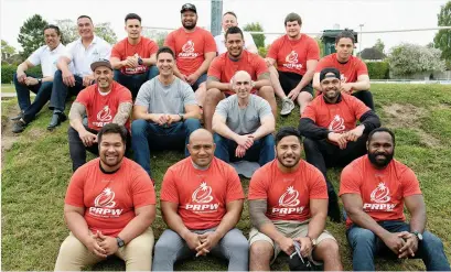  ??  ?? Making a change: Pacific Islanders’ players board including Manu Tuilagi, front row third right