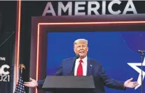  ?? ERIN SCHAFF/NEW YORK TIMES ?? Former President Donald Trump speaks in February at the Conservati­ve Political Action Conference in Orlando, Fla. A gathering of Republican leaders and top donors this weekend is a reminder of the tensions that Trump instills in his party.