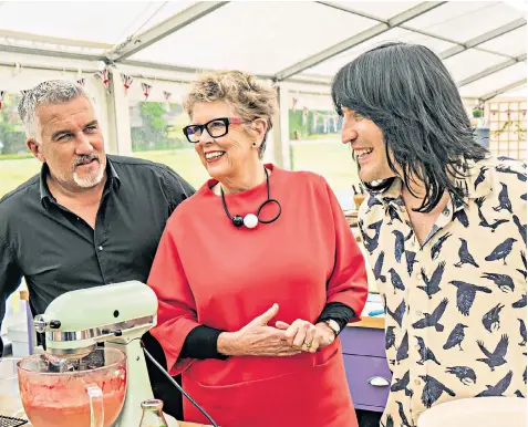  ??  ?? Judges Paul Hollywood and Prue Leith with co-presenter Noel Fielding. Kate, 29, above, and Flo, left, at 71 the oldestever contestant, are among this year’s competitor­s