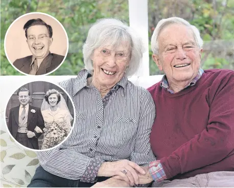  ?? ?? Tom and Margery Pindar, married for almost 70 years, remember growing up during the war. Inset, Mr Pindar as a young man, and their wedding day.