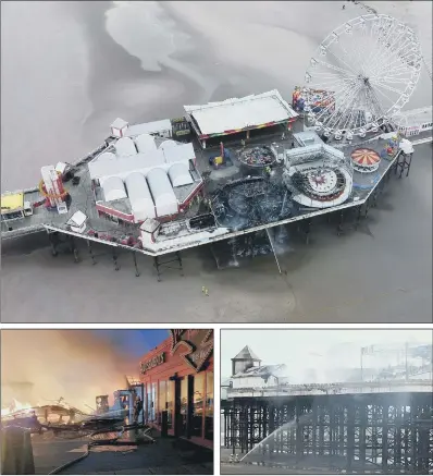  ?? PICTURES: LANCASHIRE FIRE AND RESCUE SERVICE/PA WIRE ?? BLACKENED: A drone picture shows the middle section of the pier where a ride was destroyed and a workshop damaged. Above left, the ride in flames but the fire service was able to also fight the blaze from the beach as the tide was out.