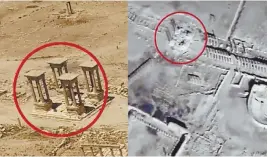  ?? Russian Defense ministRy pRess seRViCe ?? GONE: This photo combo, made from footage taken from the Russian Defense Ministry website, purports to show the Tetrapylon, a set of four monuments with four columns each at the center of the colonnaded road leading to a Roman-era amphitheat­er on June...