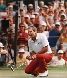  ?? ?? Curtis Strange celebrates after a made putt during his win at the 1988 US Open, held at The Country Club in Brookline.