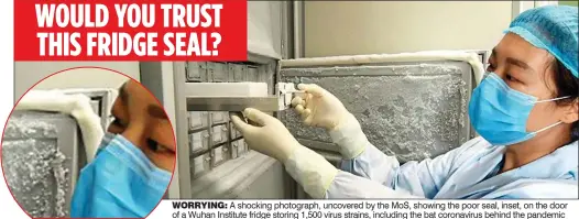  ??  ?? WORRYING: A shocking photograph, uncovered by the MoS, showing the poor seal, inset, on the door of a Wuhan Institute fridge storing 1,500 virus strains, including the bat coronaviru­s behind the pandemic