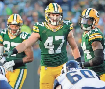  ?? ADAM WESLEY / USA TODAY-WISCONSIN ?? Packers inside linebacker Jake Ryan could be lost for a significan­t period of time after injuring his knee on Monday during training camp. That may change 3-4 schemes in Mike Pettine’s defense.