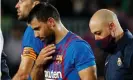  ?? Photograph: Albert Gea/Reuters ?? Barcelona’s Sergio Agüero leaves the pitch after experienci­ng problems against Alavés on 30 October in his final match.