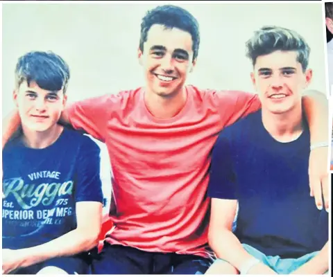  ??  ?? Tom, left, at Richard Gwyn School in 2015 and, far right, with his brothers James and Harry