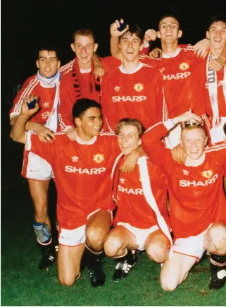  ??  ?? The Class of ’92 celebrate winning the FA Youth Cup, with Ben Thornley, back row left, and top left, in agony after the tackle by Nicky Marker