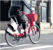  ?? JUMP BIKES VIA THE NEW YORK TIMES ?? Unlike the rows of Ford GoBikes, which have designated pickup and drop-off locations, dockless bikes like Jump are picked up wherever the last rider left them.