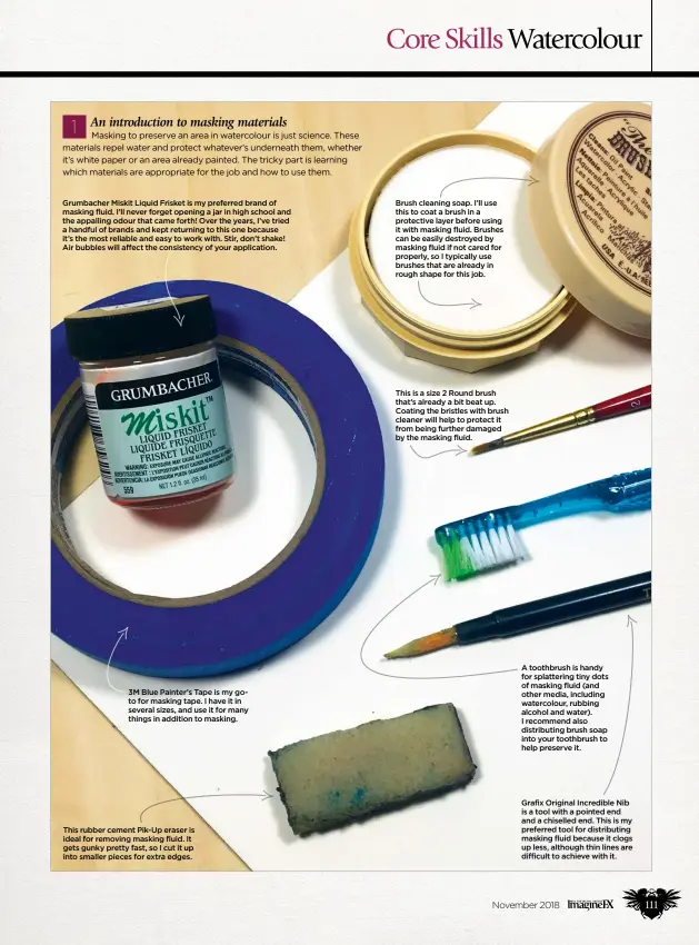 ??  ?? Brush cleaning soap. I’ll use this to coat a brush in a protective layer before using it with masking fluid. Brushes can be easily destroyed by masking fluid if not cared for properly, so I typically use brushes that are already in rough shape for this job. Grumbacher Miskit Liquid Frisket is my preferred brand of masking fluid. I’ll never forget opening a jar in high school and the appalling odour that came forth! Over the years, I’ve tried a handful of brands and kept returning to this one because it’s the most reliable and easy to work with. Stir, don’t shake! Air bubbles will affect the consistenc­y of your applicatio­n. This is a size 2 Round brush that’s already a bit beat up. Coating the bristles with brush cleaner will help to protect it from being further damaged by the masking fluid. A toothbrush is handy for splatterin­g tiny dots of masking fluid (and other media, including watercolou­r, rubbing alcohol and water). I recommend also distributi­ng brush soap into your toothbrush to help preserve it. 3M Blue Painter’s Tape is my goto for masking tape. I have it in several sizes, and use it for many things in addition to masking. Grafix Original Incredible Nib is a tool with a pointed end and a chiselled end. This is my preferred tool for distributi­ng masking fluid because it clogs up less, although thin lines are difficult to achieve with it. This rubber cement Pik-Up eraser is ideal for removing masking fluid. It gets gunky pretty fast, so I cut it up into smaller pieces for extra edges.