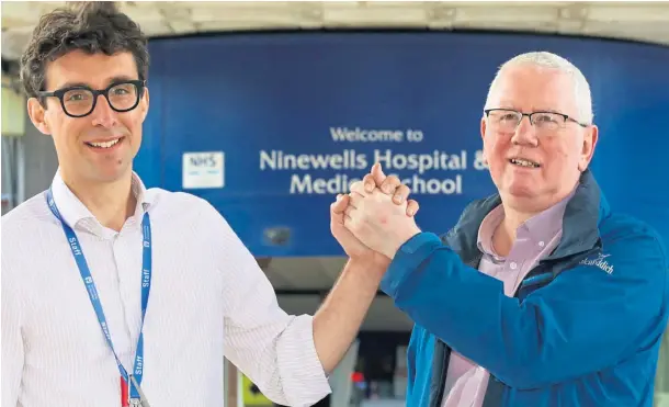  ??  ?? REUNITED: Consultant Dr Tom Gilbertson with Ian Sharp. Inset: The Courier’s earlier report and, below, how Ian’s writing rapidly improved.