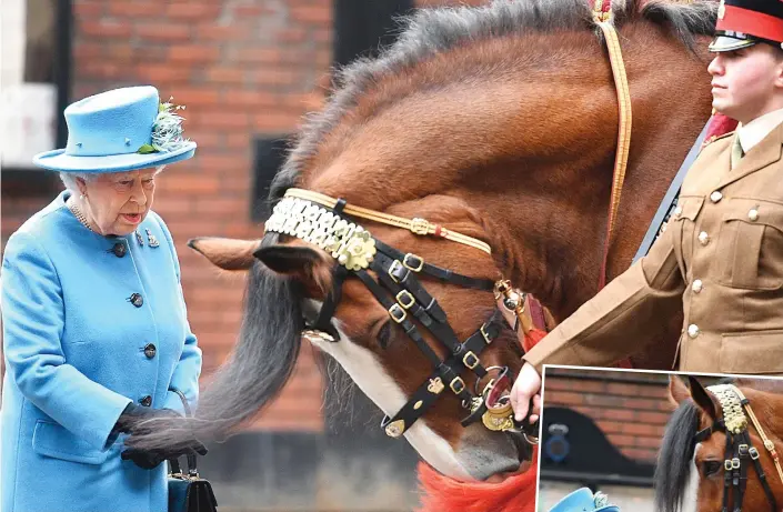  ??  ?? Your humble servant: Perseus bows his head as he meets the Queen at the Household Cavalry’s HQ yesterday