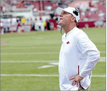  ??  ?? Chad Morris’ 1-5 start NWA Democrat-Gazette/ANDY SHUPE in his first season as Arkansas’ coach is the worst since the Razorbacks opened 0-6 in 1958. Morris said he hasn’t given up on the season. “I think that we’ve seen progress in a lot of areas,” he said.