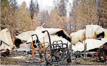  ?? [AP PHOTO] ?? Scorched wheelchair­s rest outside Cypress Meadows Post-Acute, a nursing home leveled by the Camp Fire on Tuesday in Paradise, Calif.
