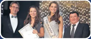  ??  ?? Chris Griffith, Chelsea Barrow, 1st place winner in the student category from the University of Stellenbos­ch, Rolene Strauss Miss SA 2014 and Bernard Stern CEO of Metal Concentrat­ors