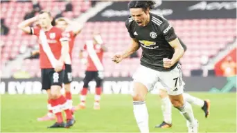  ??  ?? Edinson Cavani saved Man United’s blushes at Southampto­n yesterday