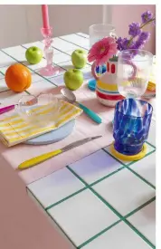  ?? ?? ‘We made the dining room tabletop ourselves. The table was the cheapest IKEA design and I left it out in the rain after eating outside one evening, which ruined it.
So, I rescued it by tiling the top and adding green grout to contrast with the pink grout on the worktops’