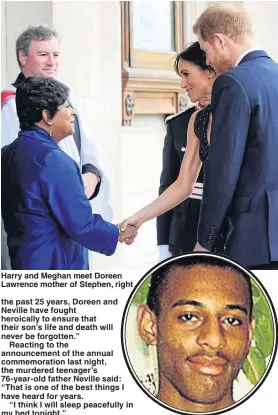  ??  ?? Harry and Meghan meet Doreen Lawrence mother of Stephen, right