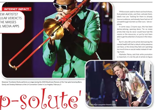  ?? ?? Musician Trombone Shorty performs on stage during the 2023 Musicares Persons of the Year gala honoring Berry Gordy and Smokey Robinson at the LA Convention Center in Los Angeles, February 3