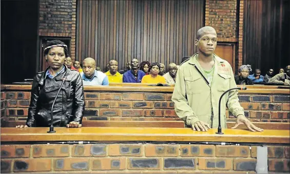  ?? PHOTO THULANI MBELE ?? Fikile Mongwe and Innocent Pilusa are the co-accused in the murder of Mongwe’s husband Selaelo Lekalakala whose body was found dumped in a veld at Bosplaas, Hammanskra­al. His relatives do not have money to bury him.