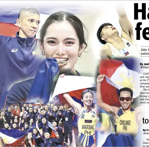  ?? JONAS REYES YUMMIE DINGDING, BOB DUNGO JR., ROMAN PROSPERO @tribunephl_yumi @tribunephl_bob @tribunephl_RRM ?? Turbo-charged kickoff
Filipino athletes stamped their class in the 30th edition of the Southeast Asian Games by plucking 20 golds to lead the standings on the first day of competitio­ns.