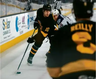  ?? MATTHEW HEALEY FOR THE GLOBE ?? Forward Georgii Merkulov, who is in his first full pro season after being signed as a college free agent, leads the Providence Bruins in scoring with 24 goals and 30 assists.