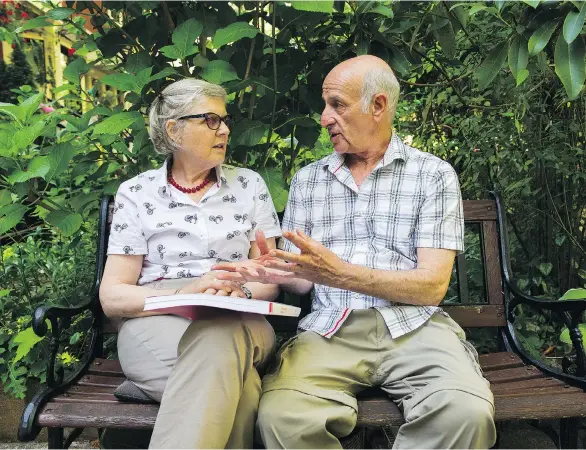  ?? GERRY KAHRMANN ?? Saskia Bergmans and Michael Levenston talk at Levenston’s home last month. Michael’s father, a Canadian officer, helped Saskia’s father save impression­ist art from the Nazis.