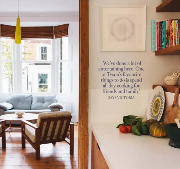  ??  ?? DISPLAY AREA
Victoria and Tyson were so pleased with their kitchen they asked the company that installed it to build them some shelves, which display their finds. The smoked glassware was hand-blown locally by Michael Ruh
LIVING ROOM
Retro pieces...