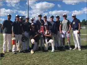 ?? ANDREW ROBINSON —FOR MEDIANEWS GROUP ?? Montgomery Twp. accepts its runner-up trophy in the State Connie Mack Tournament.