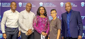  ??  ?? Nigeria’s fastest athlete, Seye Ogunlewe, who is an ex-student of Atlantic Hall (left), two-time Olympic medalist, Enefiok Udo-obong, Parent/teachers Associatio­n Chairman, Atlantic Hall School, Maureen Akpofure-awobokun, Olympic gold medalist, Chioma...