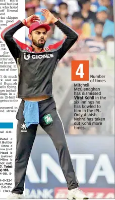  ??  ?? 4 Number of times Mitchell McClenagha­n has dismissed Virat Kohli in the six innings he has bowled to him in the IPL. Only Ashish Nehra has taken out Kohli more times.