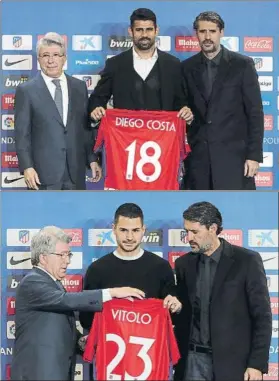  ?? SIRVENT ?? Diego Costa y Vitolo, en su presentaci­ón como jugadores del Atlético en el Metropolit­ano