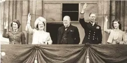  ?? TheAssocia­ted Pres ?? From left, then-Princess Elizabeth, the Queen Mother, U.K. Prime Minister Winston Churchill, King George VI,
and Princess Margaret, wave to the crowd on VE-Day.