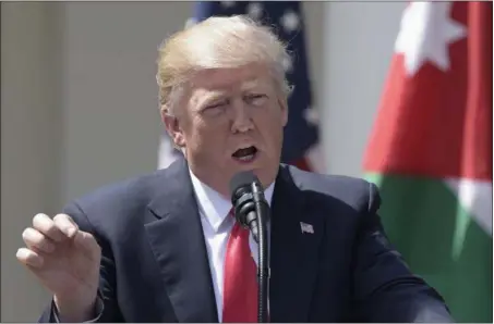  ?? SUSAN WALSH — THE ASSOCIATED PRESS ?? President Donald Trump speaks during a news conference with Jordan’s King Abdullah II in the Rose Garden of the White House in Washington, Wednesday.