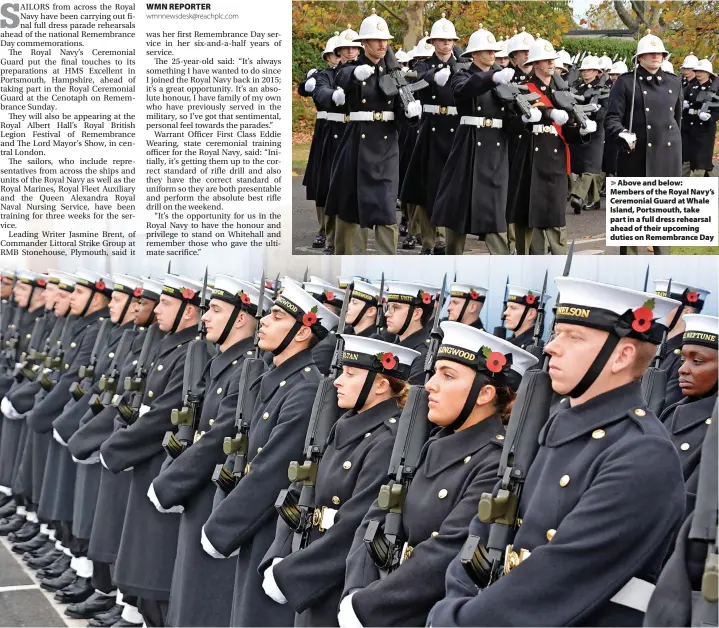  ?? Photos: Ben Mitchell ?? Above and below: Members of the Royal Navy’s Ceremonial Guard at Whale Island, Portsmouth, take part in a full dress rehearsal ahead of their upcoming duties on Remembranc­e Day