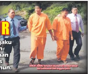  ??  ?? DIIKAT JAMIN: Tertuduh (dua kanan) dieskot keluar dari mahkamah oleh anggota polis.